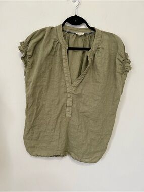 Pilcro Tatum Deep-V Top Blouse Women’s Size Large Olive Green  Linen Top Blouse